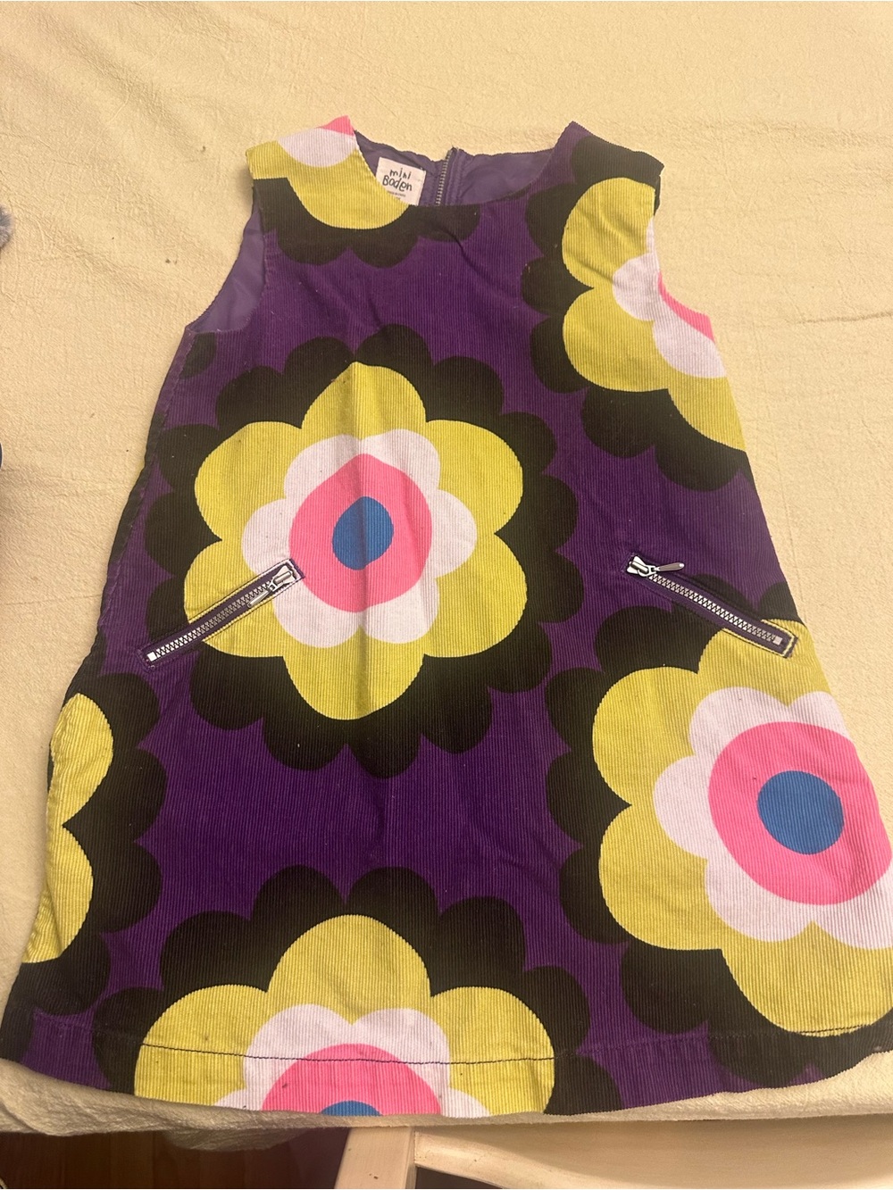 4-5 yr Mini Boden Floral Corduroy A-Line Dress - Purple Yellow Pink
